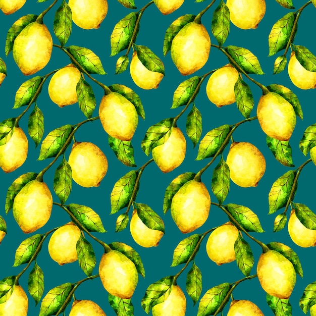 Photo lemon seamless pattern watercolor citrus fruit tree repeat print on emerald green background