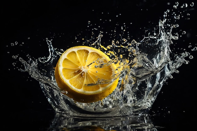 Photo lemon sinking in water tank splashing water captured in high speed camera