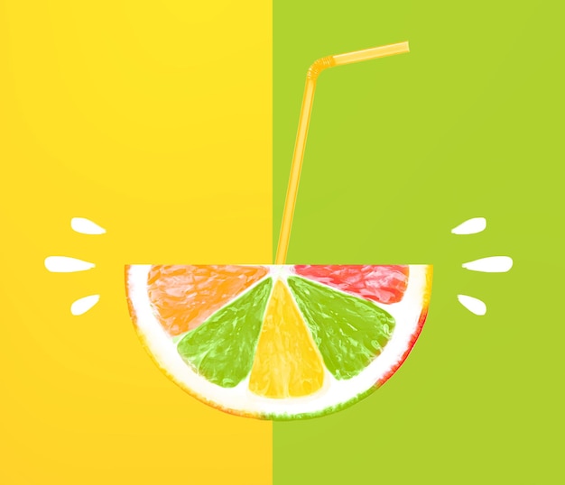 Lemon slice colored juice with Straw on yellow and green background minimal idea fruit concept