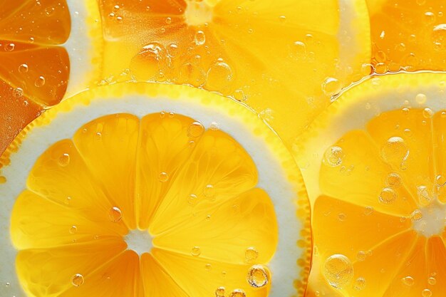 Photo lemon slice in fresh yellow drink ice close up