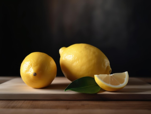 A lemon and a slice of lemon on a table generative ai