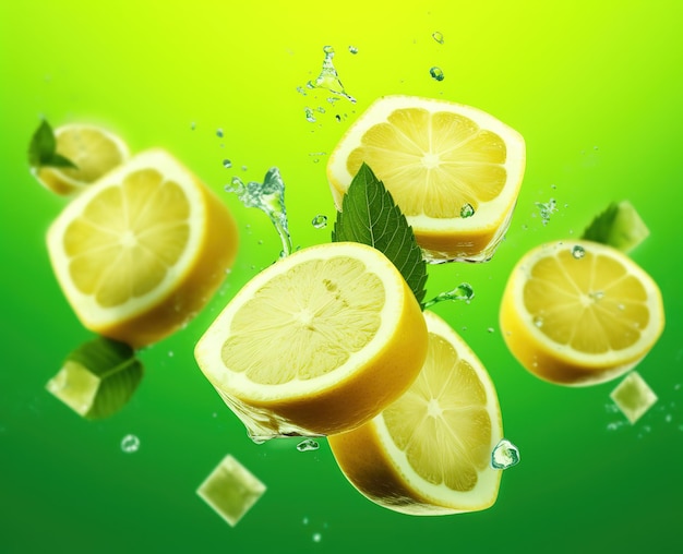 Lemon slice with ice cube isolated or soft soda beverage advertising