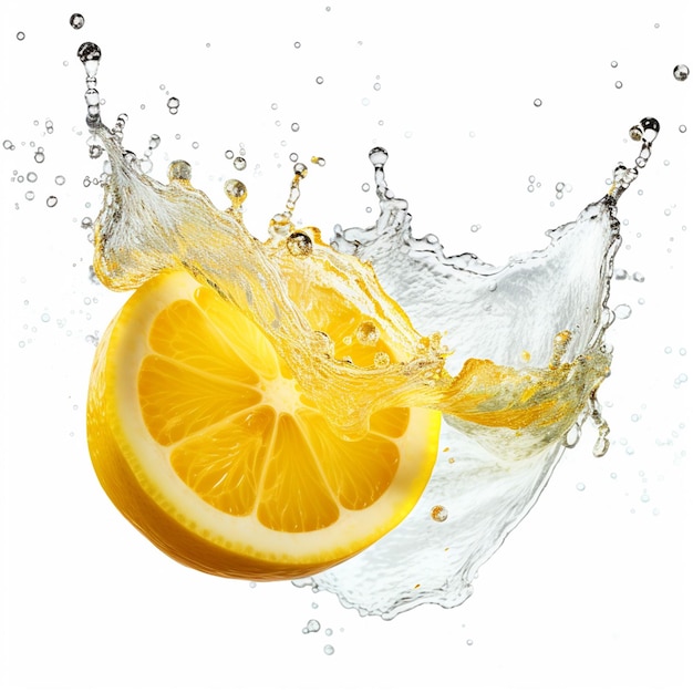 Lemon slice with water splash on isolated white background