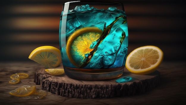 Lemon slices in a blue lagoon drink served on a wooden table