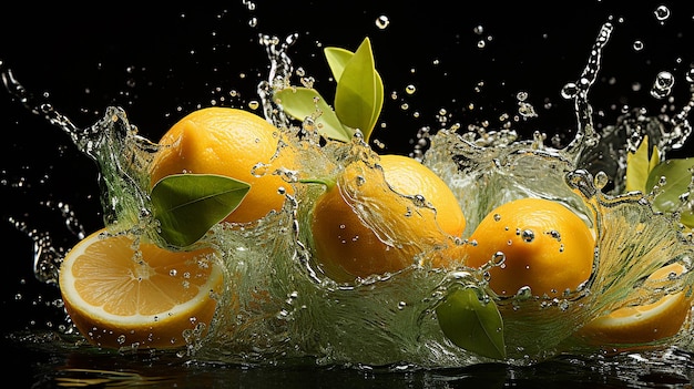Лимонные кусочки падают в воду с брызгами