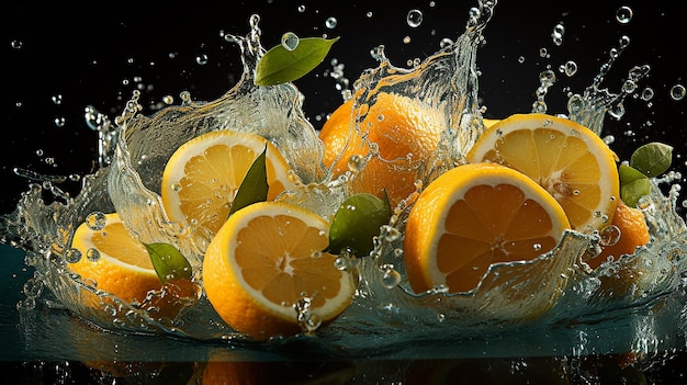 Lemon Slices Falling into Water with Splashes