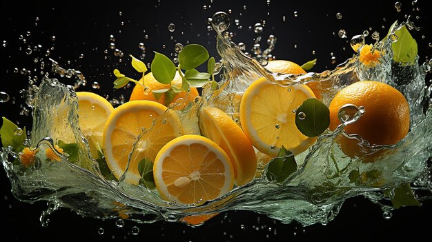 Lemon Slices Falling into Water with Splashes