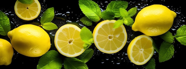 a lemon slices and leaves on a black surface