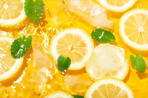 Lemon slices mint and ice pieces in water