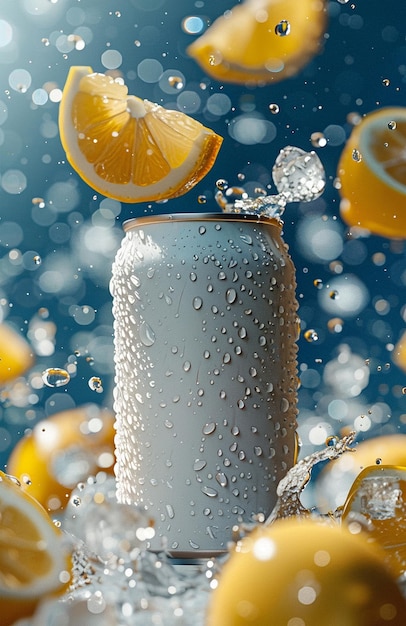 Lemon Slices and Water Splashes Surrounding Chilled Can in Dynamic Refreshment Concept