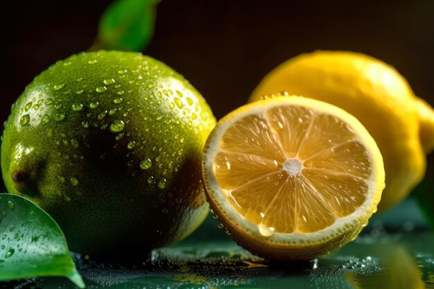 Lemon slices with lemon on table