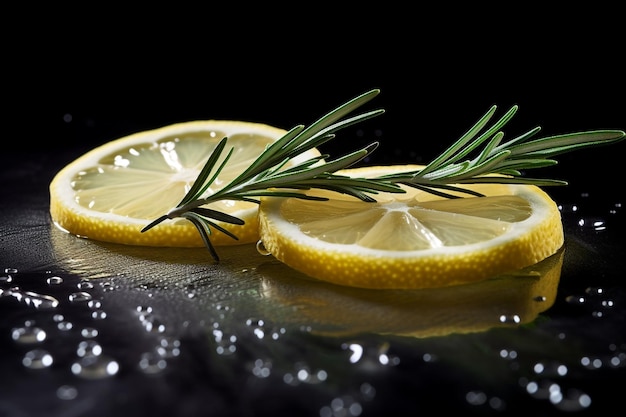 Lemon slices with a sprig of rosemary on a black background