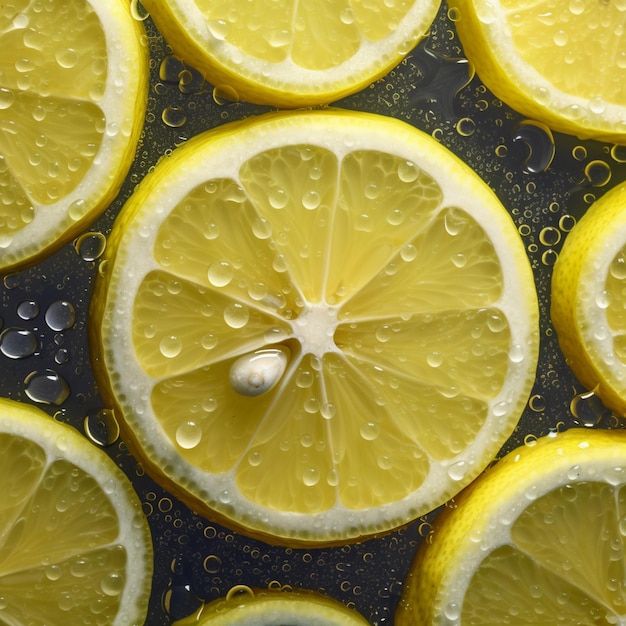 Lemon slices with water drops on them and the lemon is on a black surface.