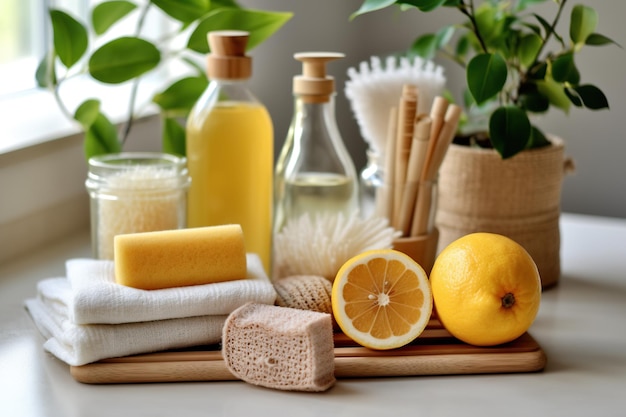 테이블 위의 레몬 비누 수세미와 목욕 용품 친환경 청소 제품
