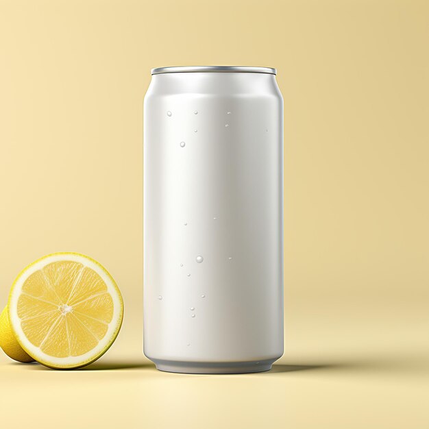 Lemon soda can mockup on yellow background 3d illustration Ai Generated