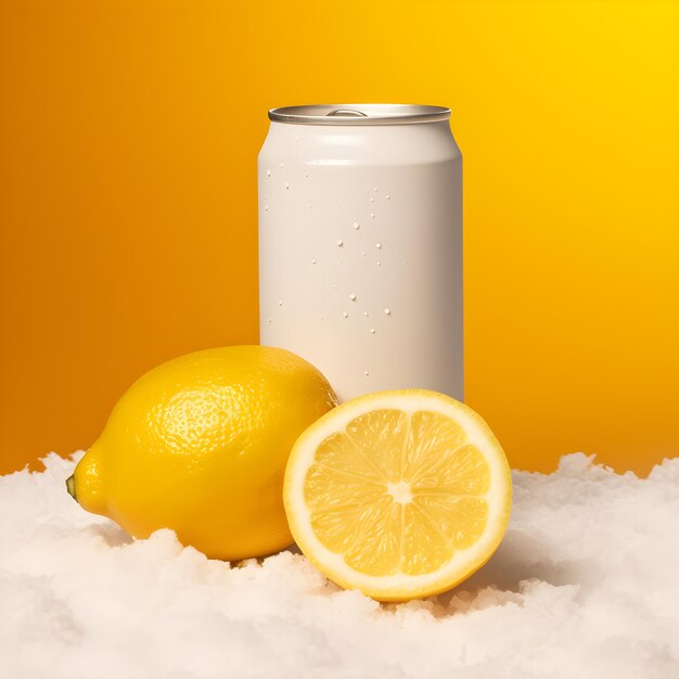 Foto lattina di limone e soda sulla neve bianca sfondo giallo mockup per la fotografia del prodotto