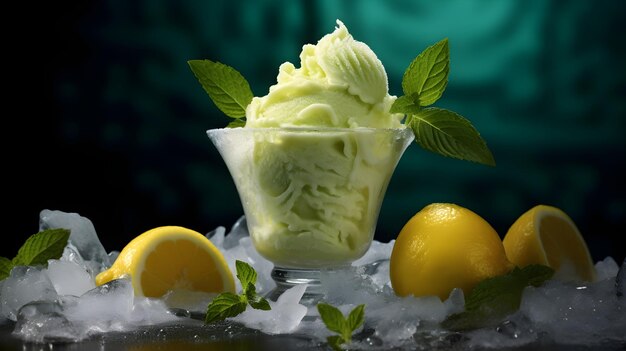 Photo lemon sorbet with basil infusion