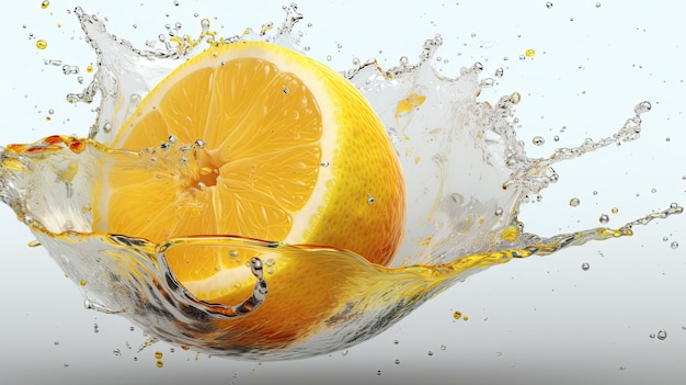 A lemon splashing into a water splash