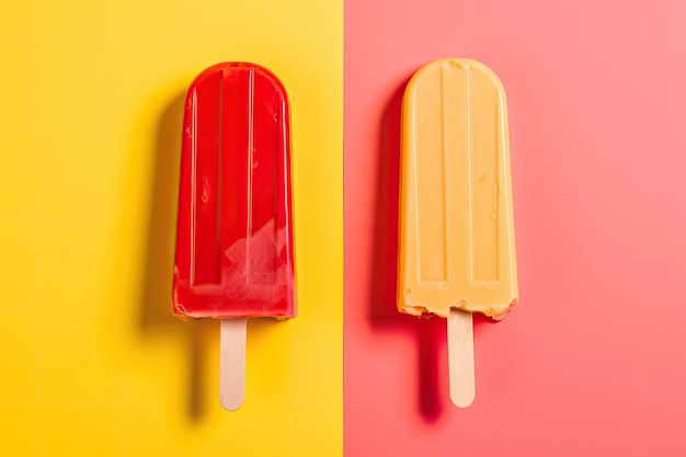 Lemon and strawberry popsicles on pink and yellow background AI generative