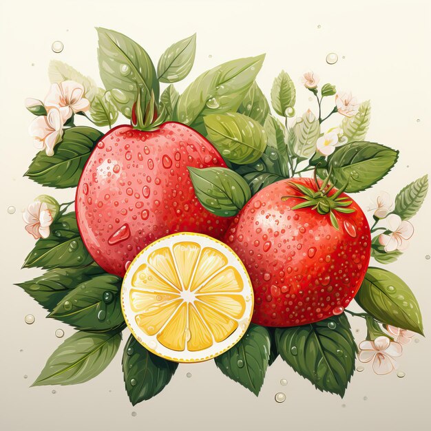 Lemon and strawberry watercolor vector white background clipart art station digital print