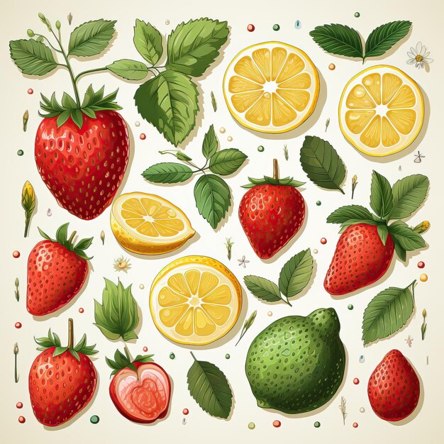 Photo lemon and strawberry watercolor vector white background clipart art station digital print