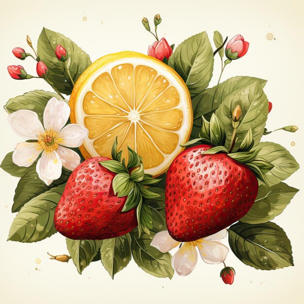 lemon and strawberry Watercolor vector white background clipart Art station digital print