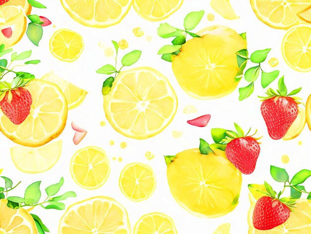 Photo lemon and strawberry watercolor vector white background clipart seamles patterns repeating pat