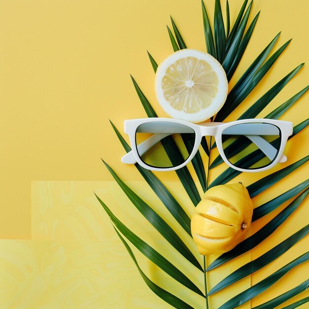 lemon in stylish sunglases with palm leaf on pastel yellow paper trendy background vacation flat lay modern summer flat lay concept with space for text funny and juicy