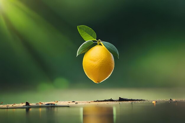 A lemon on a table with a green background