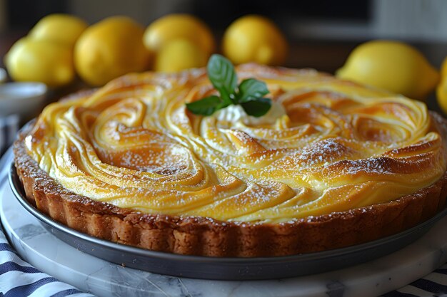 Лимонный пирог на тарелке с лимонами на заднем плане