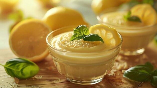 Lemon tart Posset with basil leaves citrus and herb Closeup bokeh on the background