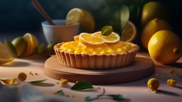 lemon tart on the table surrounded by lemons and limes