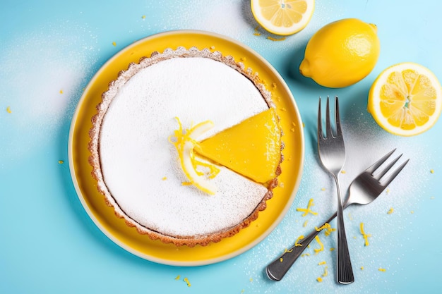 A lemon tart with a lemon slice on top