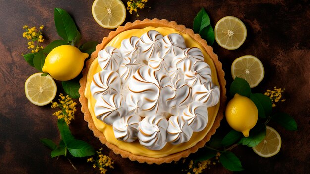 Foto torta al limone con meringue su un piatto vista dall'alto focus selettivo cibo