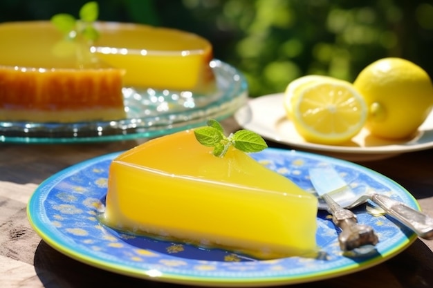 A lemon tart with a shiny glaze on a bright summer table