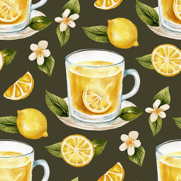 Lemon tea cup seamless watercolor pattern with flowers and lemons background