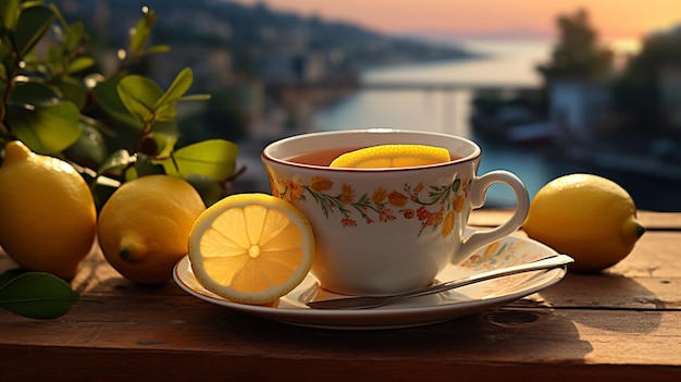 lemon tea in white cup on cafe table with view of hills and gardens