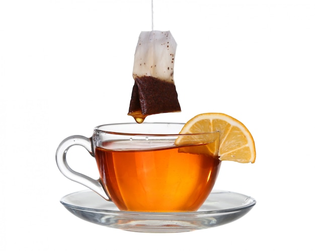 Lemon tea with a splash on a white background