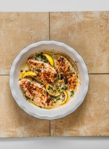 Lemon thyme cream mustard baked chicken breast on a beige stone background top view