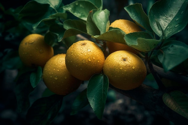 Lemon on a tree after rain Generative AI