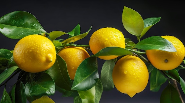 Lemon tree branch with natural ripe yellow lemons with drops on azulejo tile background