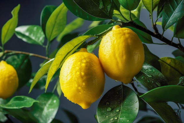 Lemon tree branch with natural ripe yellow lemons with drops and green leaves on dark background