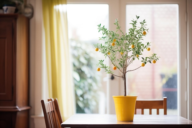 Лимонное дерево в горшке у французского окна в столовой