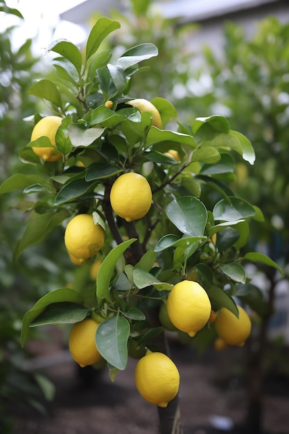 A lemon tree with a bunch of ripe lemons on it.