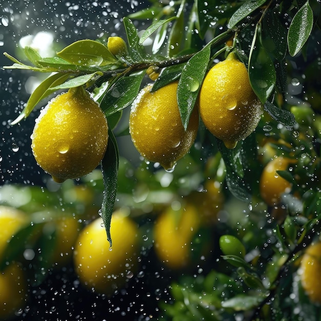 A lemon tree with green leaves and a lemon tree in the rain.