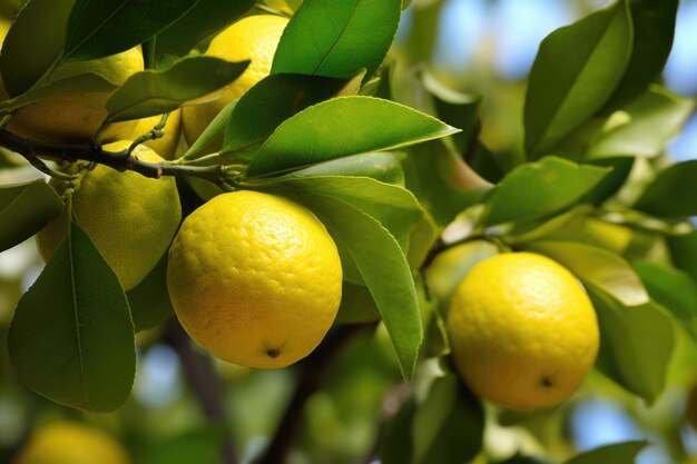 초록색 잎 과 대조적 인 레몬 이 있는 레몬 나무