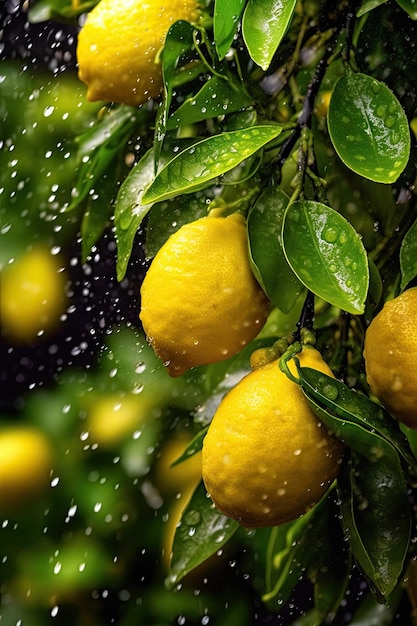 A lemon tree with water droplets on it