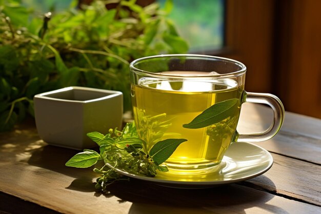 Lemon verbena tea in a mug with hand made teabag over a tidewater green desk