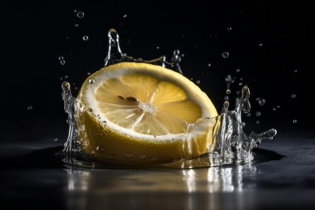 лимон в воде на черном фоне