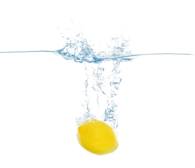 Lemon in water on white background